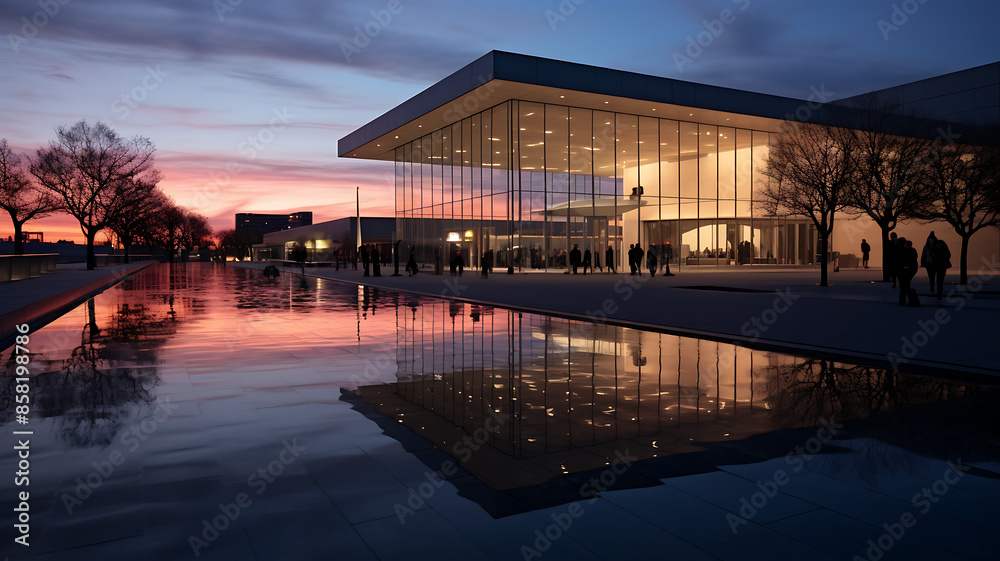modern office building with reflection in water at sunset modern office building with reflection in water at sunset
