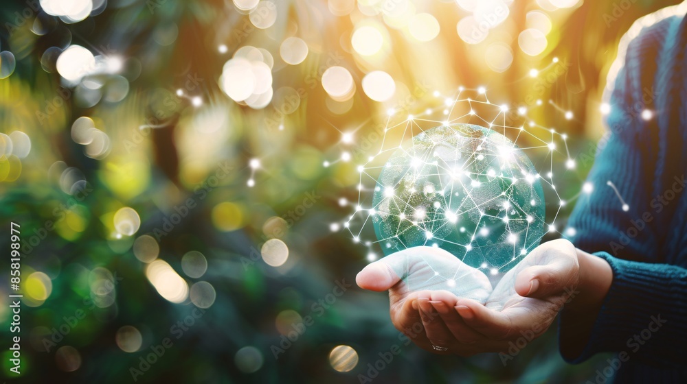 Obraz premium Illustrates a scene with a man's hands holding a global network and data customer connection, set against a nature background.
