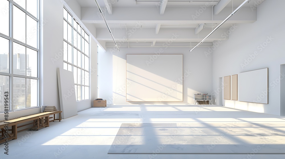 minimalist art studio with high ceilings, north-facing windows for natural light, and clean, white walls perfect for large canvas works minimalist art studio with high ceilings, north-facing windows for natural light, and clean, white walls perfect for large canvas works