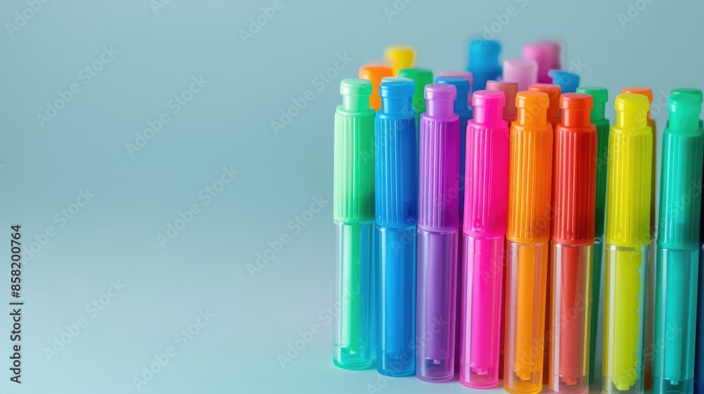 Fototapeta premium Colorful marker collection for kids with copy space vertical toy display