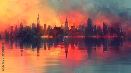 Mesmerizing Cityscape of Vibrant Metropolis at Dramatic Sunset Reflecting on Calm Waters