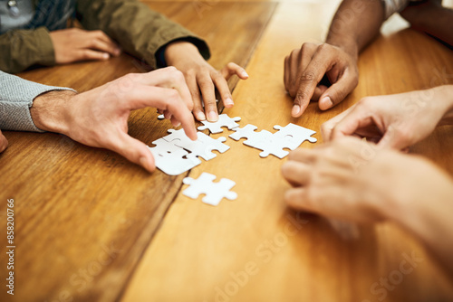 Foto Puzzle, library and hands of students for teamwork, collaboration and working together