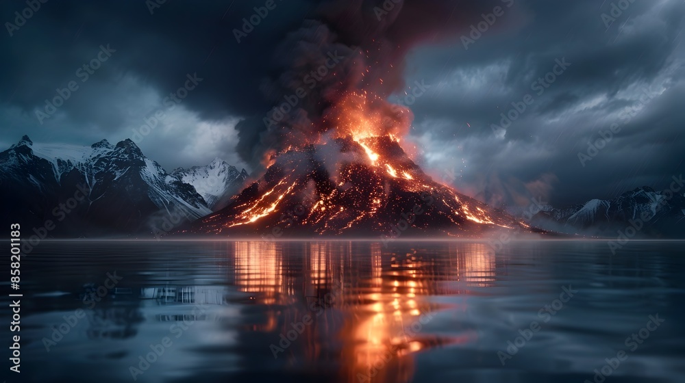 Fototapeta premium Dramatic Volcanic Eruption Reflecting in Tranquil Lake with Stormy Clouds