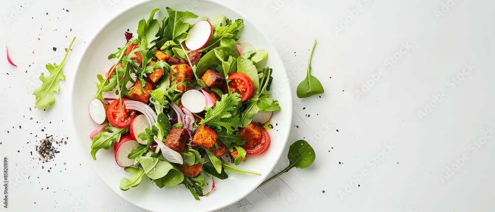 A plate of crisp salad with lettuce and tomato, offering a refreshing and healthy meal, suitable for an appetizer or a diet-conscious lunch. A plate of crisp salad with lettuce and tomato, offering a refreshing and healthy meal, suitable for an appetizer or a diet-conscious lunch.
