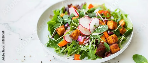 A nutritious salad with fresh lettuce, ripe tomato, and other vegetables, providing a healthy and satisfying option for both lunch and dinner.