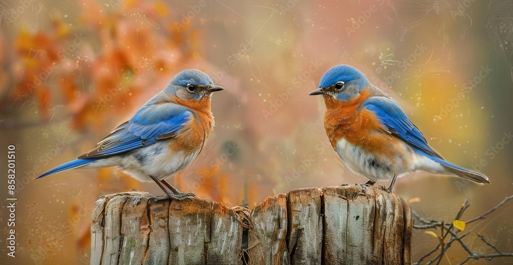 Obraz premium Bluebirds perched on a tree stump, with a natural background, scenic beautiful view