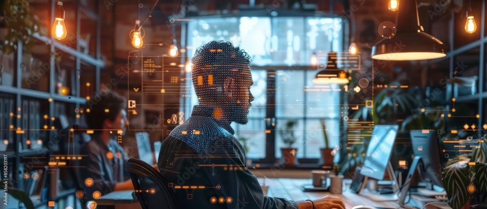 an office setting, interacting with digital screens, showcasing the integration of technology and internet for effective communication and work an office setting, interacting with digital screens, showcasing the integration of technology and internet for effective communication and work