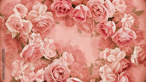 Beautiful floral background gentle pink roses border over pink background stylish vintage