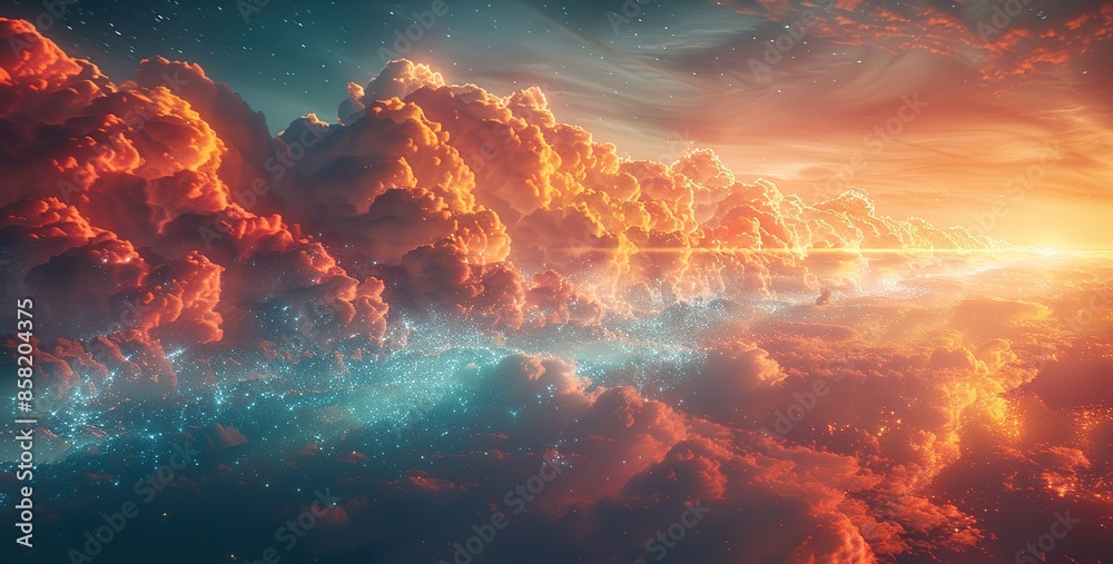 Abstract multi-layered cloud security systems visualized in dynamic and dramatic compositions, leaving ample space for additional text. illustration images Abstract multi-layered cloud security systems visualized in dynamic and dramatic compositions, leaving ample space for additional text. illustration images