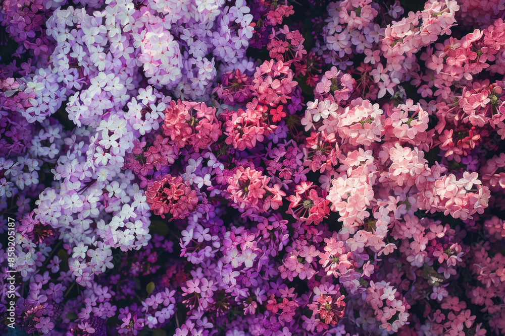 A top-down view of a dense arrangement of spring blossoms in vibrant hues A top-down view of a dense arrangement of spring blossoms in vibrant hues