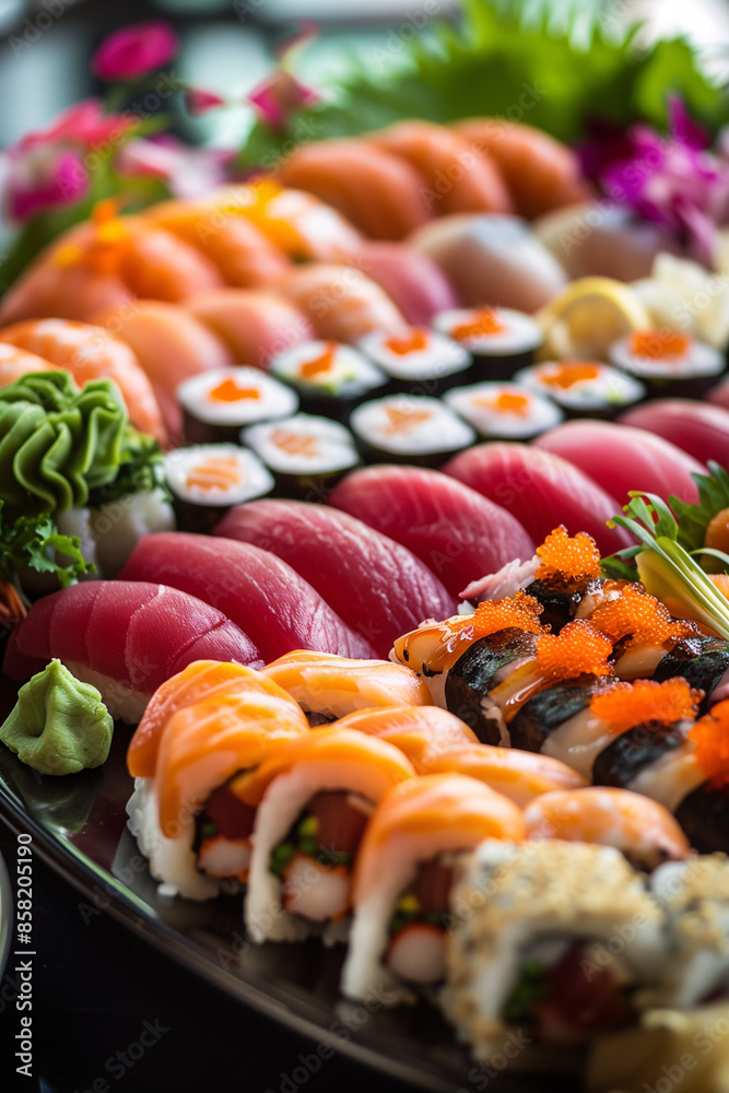 A beautifully arranged platter of sushi, including colorful pieces of nigiri, maki rolls, and sashimi, garnished with pickled ginger and wasabi A beautifully arranged platter of sushi, including colorful pieces of nigiri, maki rolls, and sashimi, garnished with pickled ginger and wasabi