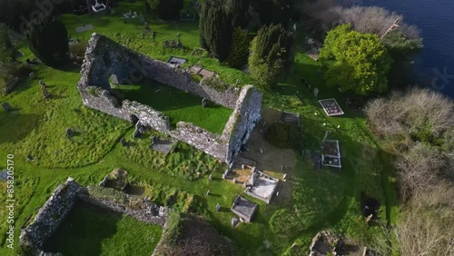 Drone shot of the ruins of the ancient Loughinisland Churches, established in the 7th Century, Loughinisland, County Down, Northern Ireland