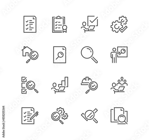 Set of inspection related icons, testing, examination, check, verification, service and linear variety vectors.
