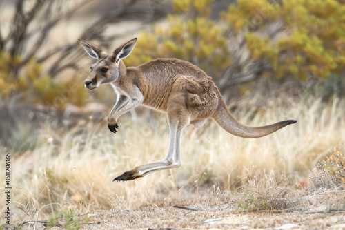 A kangaroo hops across the Australian outback, mid-air with legs extended