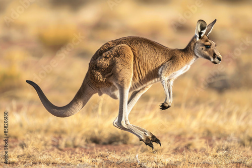 A kangaroo hops across the Australian outback, mid-air with legs extended