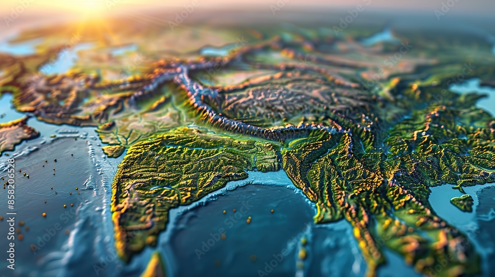 3D globe showcasing India and South Asia, with the sun illuminating the horizon. illustration images 3D globe showcasing India and South Asia, with the sun illuminating the horizon. illustration images