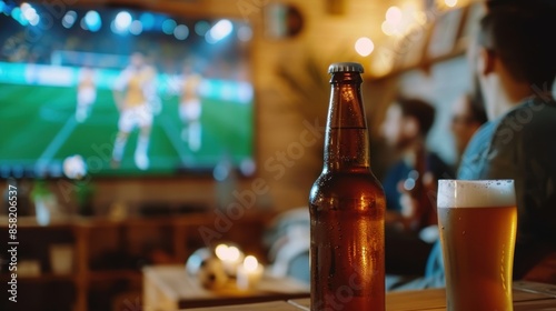 Happy friends enjoying non-alcoholic beer bottles while watching football or soccer on a projection screen at home is the idea of leisure, sport, and people.