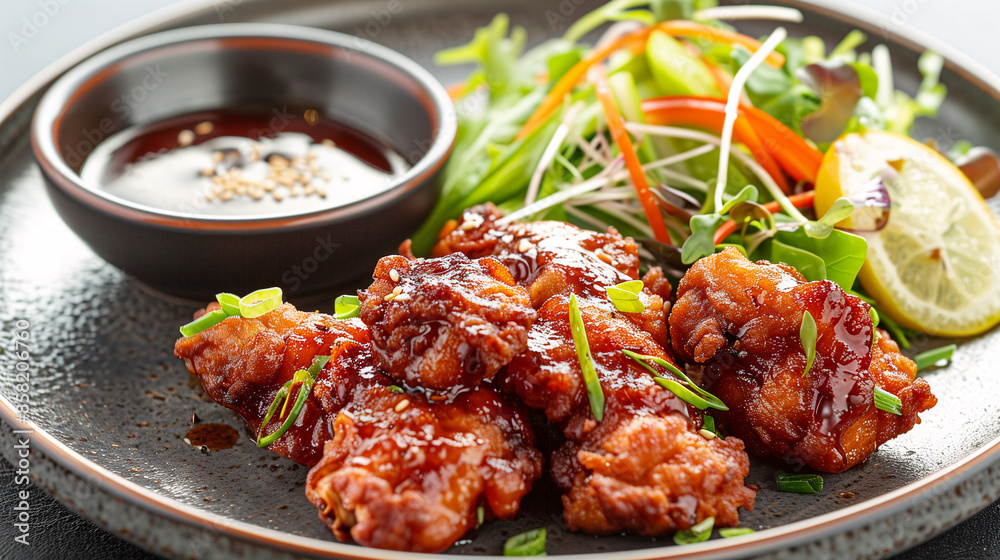 A dish of karaage (Japanese fried chicken), served with a side of fresh salad and a dipping sauce, on a modern, minimalist plate A dish of karaage (Japanese fried chicken), served with a side of fresh salad and a dipping sauce, on a modern, minimalist plate