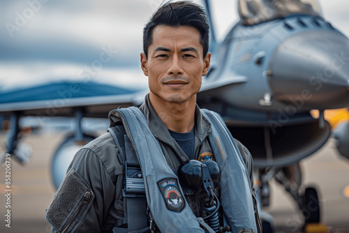 Asian Military Fighter Jet Pilot Portrait Standing in Flight Suit and Uniform on Airfield