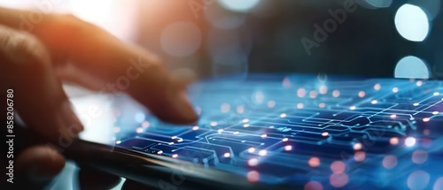 Hands delicately grasp a blue digital phone, symbolizing secure data transfer, evoking blockchain technology's concept