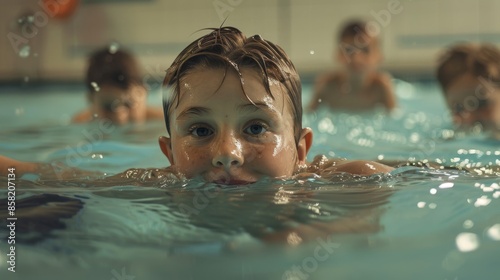 Children learning to swim in a school swimming class