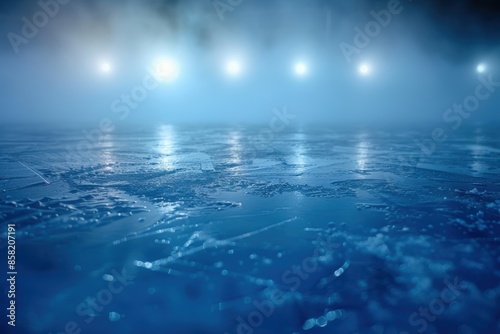 Mist and a blue ice floor texture. Background of ice and snow. Spotlights illuminate an abandoned ice rink. Scene Lighting photo