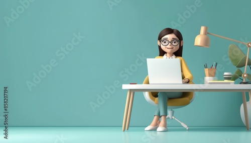 3D Illustration Of a Woman Working On Her Laptop, Soft Pop Cartoon, 3D Character Icon, Technology Concept, Copy Space