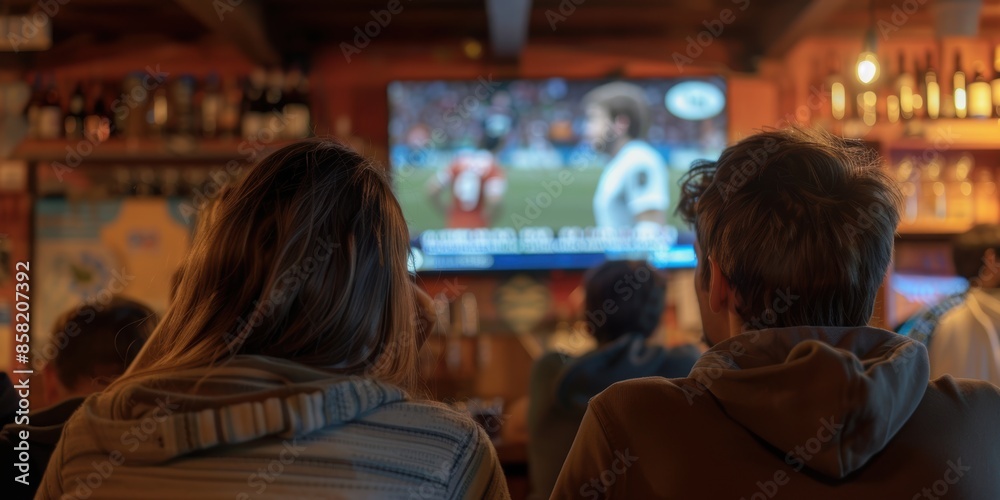 Teens in the bar watching football on TV. In a sports pub, pals watch football on television. View from the back of friends watching a game on screens at a sports bar. Traveling Through France Teens in the bar watching football on TV. In a sports pub, pals watch football on television. View from the back of friends watching a game on screens at a sports bar. Traveling Through France