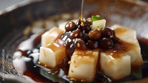A serving of anmitsu, a traditional Japanese dessert with cubes of agar jelly, sweet azuki beans, mochi, and a drizzle of black sugar syrup