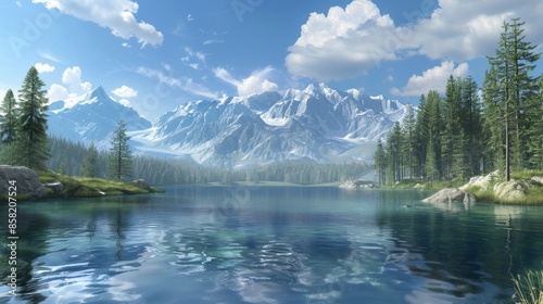 mountain landscapes, where towering peaks meet crystal-clear alpine lakes in a harmonious union photo