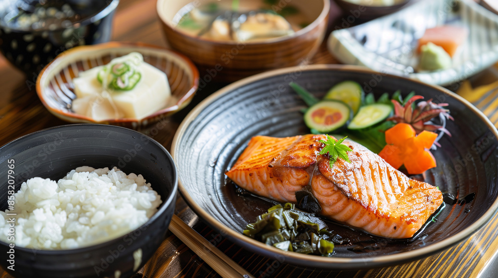 A traditional bento box filled with a balanced selection of rice, grilled fish, pickled vegetables, and tamagoyaki (Japanese omelet) A traditional bento box filled with a balanced selection of rice, grilled fish, pickled vegetables, and tamagoyaki (Japanese omelet)