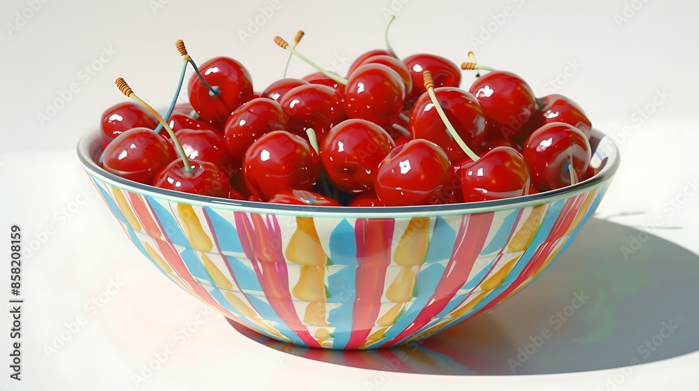 Red maraschino cherries in a colorful bowl very detailed and realistic shape Red maraschino cherries in a colorful bowl very detailed and realistic shape