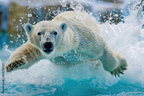 A polar bear dives into icy water, creating a massive splash