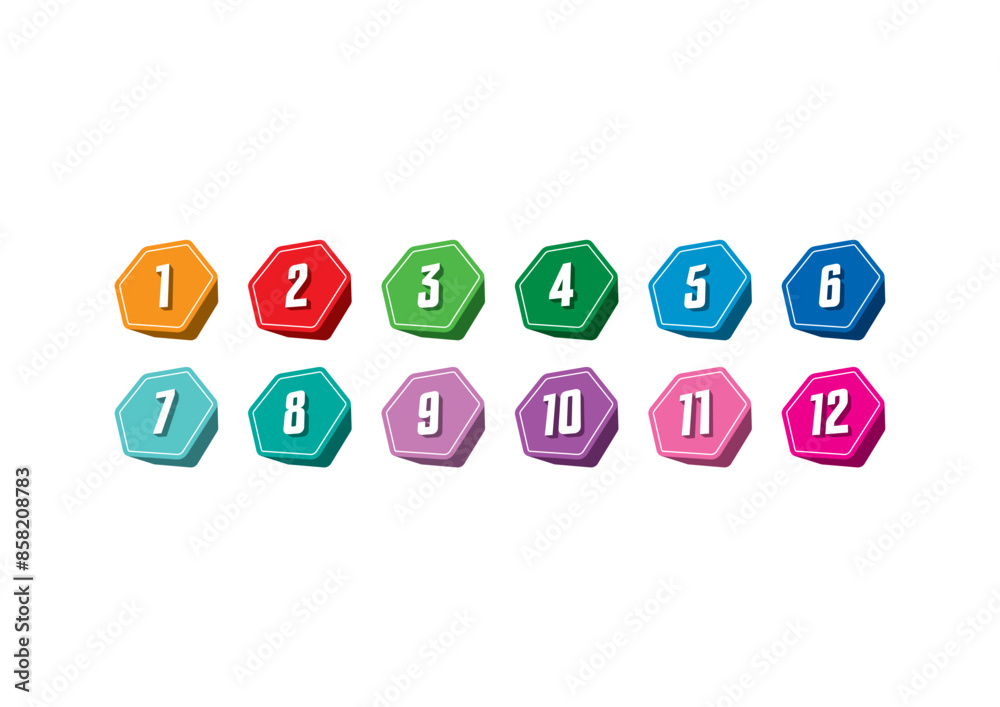 numbers 1-12 in colored hexagons. group of vector numbers 1-12. numbers 1-12 for the education world numbers 1-12 in colored hexagons. group of vector numbers 1-12. numbers 1-12 for the education world