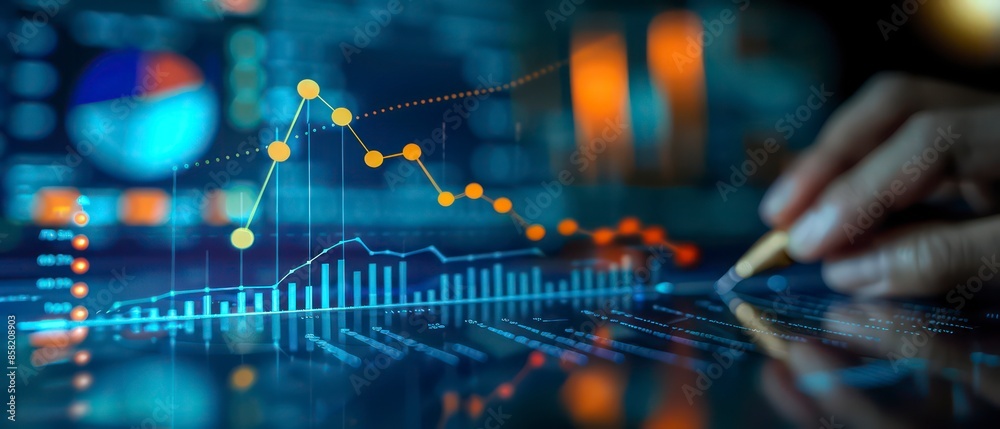 Technology merges with business as digital data charts and graphs monitor financial waves, illustrating stock patterns and market trends