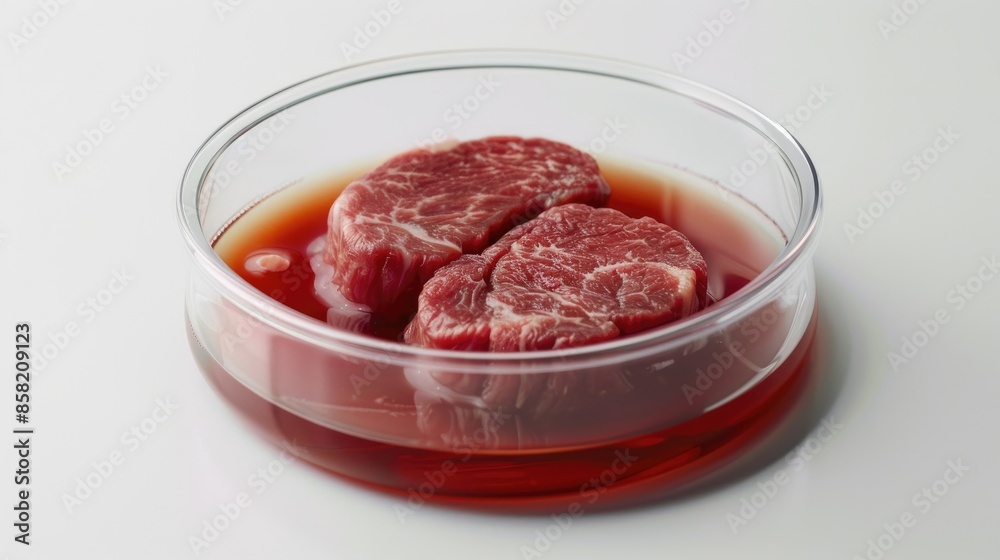Lab produced meat in Petri dish with blank area Lab produced meat in Petri dish with blank area