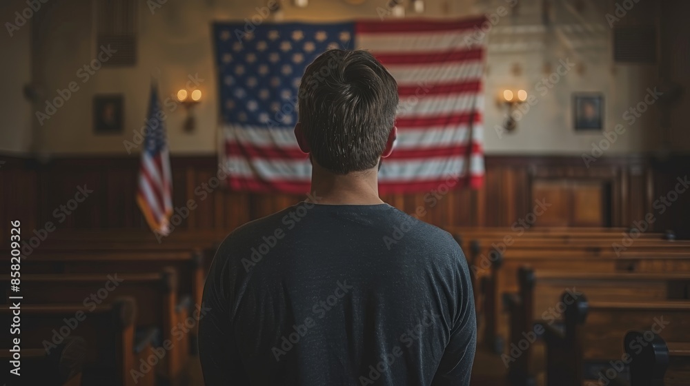 A man stands in a room filled with historical significance, facing the American flag, symbolizing patriotism, contemplation, and a profound respect for heritage. A man stands in a room filled with historical significance, facing the American flag, symbolizing patriotism, contemplation, and a profound respect for heritage.