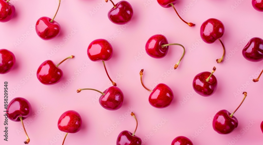 Pattern with fresh cherries on pastel pink background, top view, minimal flat lay style. Pattern with fresh cherries on pastel pink background, top view, minimal flat lay style.