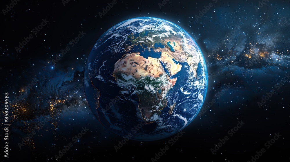 Naklejka premium Detailed 3D globe of Earth with focus on America, Asia, Europe, and Africa. illustration images