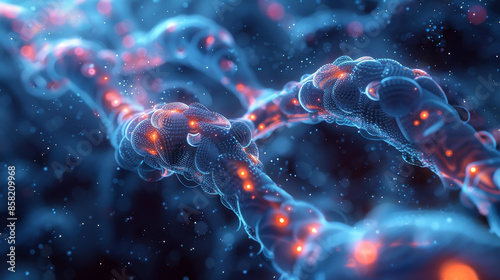 A close-up view of an abstract molecular structure, illuminated with bright blue and orange lights. The glowing nodes and connections create a network-like appearance amidst a dark.