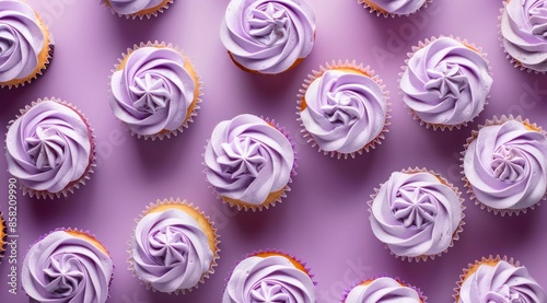 Pattern composition of vanilla cupcakes with light violet whipped cream frosting on pastel purple background, top view. Muffins with purple icing, minimal flat lay style.