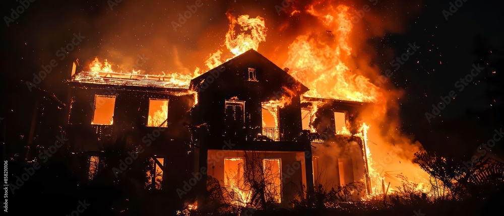Flames consume a house, turning it into a blazing inferno, with thick smoke signaling a severe crisis and imminent danger Flames consume a house, turning it into a blazing inferno, with thick smoke signaling a severe crisis and imminent danger