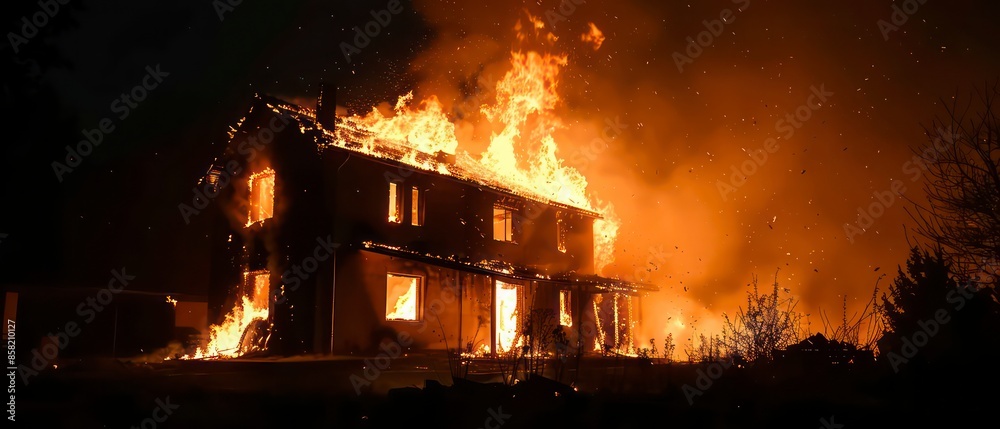 Flames consume a house, turning it into a blazing inferno, with thick smoke signaling a severe crisis and imminent danger Flames consume a house, turning it into a blazing inferno, with thick smoke signaling a severe crisis and imminent danger