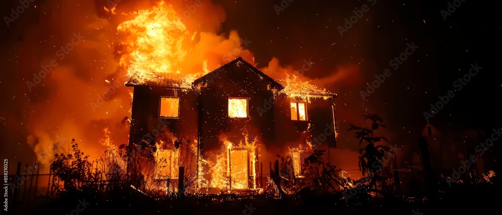 Flames consume a house, turning it into a blazing inferno, with thick smoke signaling a severe crisis and imminent danger Flames consume a house, turning it into a blazing inferno, with thick smoke signaling a severe crisis and imminent danger