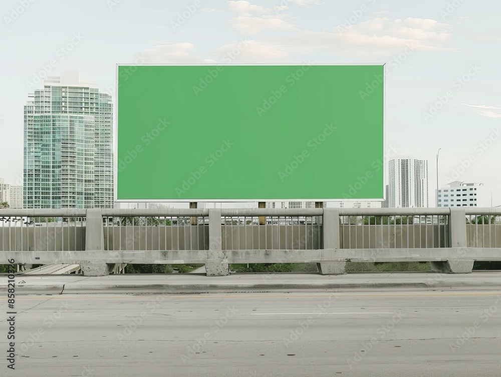 Obraz premium Urban Advertising Space: Vertical Green Screen Billboard on City Bridge with High Visibility for Custom Messaging