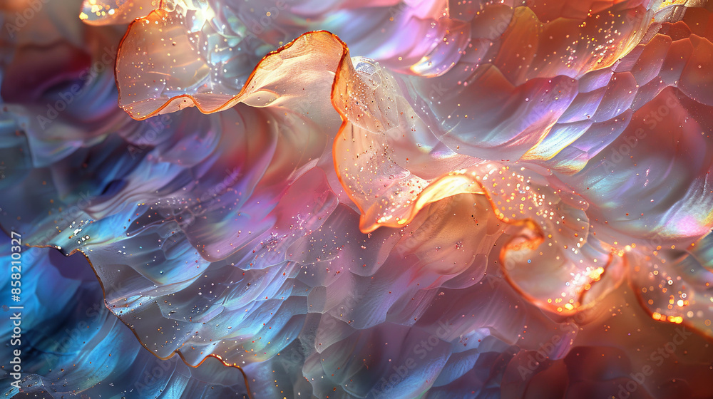 Obraz premium A mesmerizing abstract image featuring organic, flowy shapes in a rainbow of vibrant colors with a shimmering, almost iridescent quality.