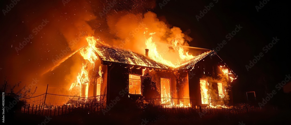 Flames consume a house, turning it into a blazing inferno, with thick smoke signaling a severe crisis and imminent danger Flames consume a house, turning it into a blazing inferno, with thick smoke signaling a severe crisis and imminent danger