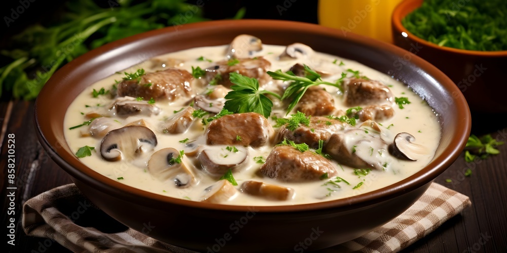 Traditional French veal stew blanquette de veau. Concept French cuisine, Veal recipe, Blanquette de veau, French cooking techniques