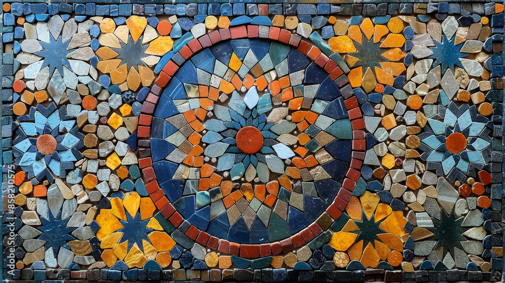 Fototapeta premium A vibrant mosaic artwork featuring a circular pattern with various shapes and colorful tiles in shades of blue, orange, yellow, and brown. The artwork displays an intricate design.
