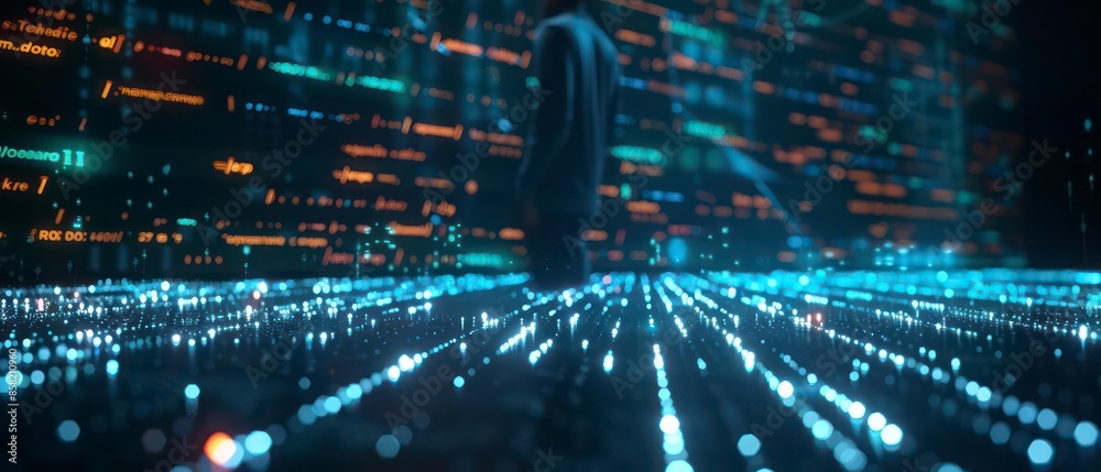 In the business world, people utilize technology and networks for efficient communication, managing digital information and data flow across the internet In the business world, people utilize technology and networks for efficient communication, managing digital information and data flow across the internet